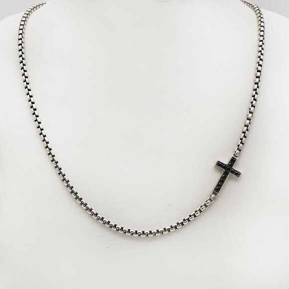 David Yurman 925 Silver Black Diamond Cross Station Box Chain Necklace - Picture 1 of 4